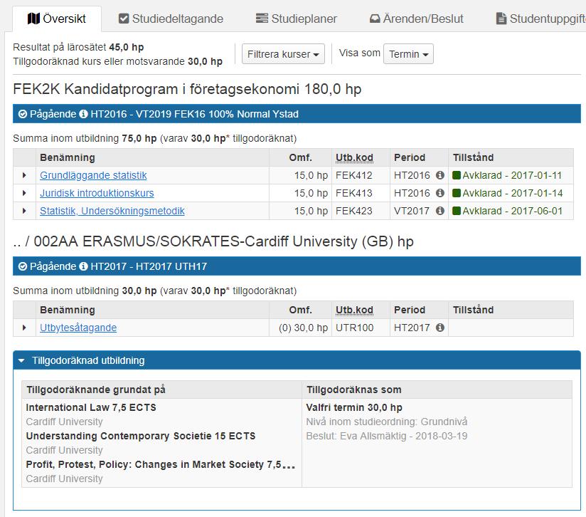 Tillgodoräknande av utbytesstudier Resultat kan inte rapporteras på utbytesåtagande För ett utbytesåtagande kan deltagande registreras men resultat kan inte rapporteras.