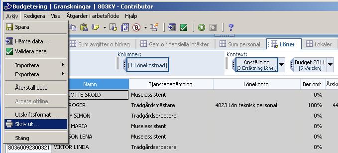 Dels kan nedanstående instruktioner följas för utskrift direkt från fliken eller så kan funktionen Snabbexport användas för att föra över visad information till Excel