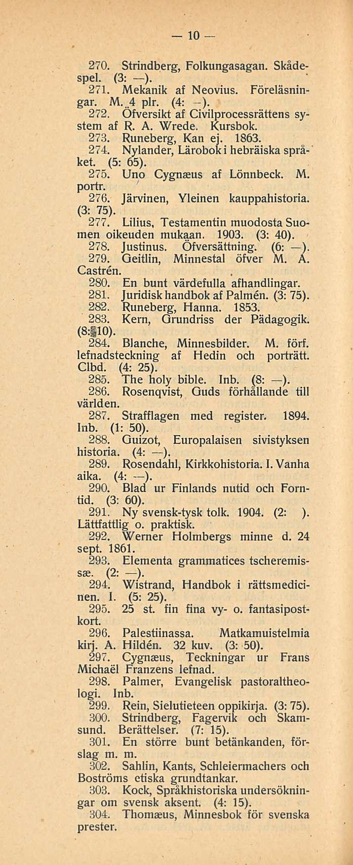 10 270. Strindberg, Folkungasagan. Skådespel. (3: ). 271. Mekanik af Neovius. Föreläsningar._ M. 4 plr. (4: ). 272. Öfversikt af Civilprocessrättens System af R. A. Wrede. Kursbok. 273.