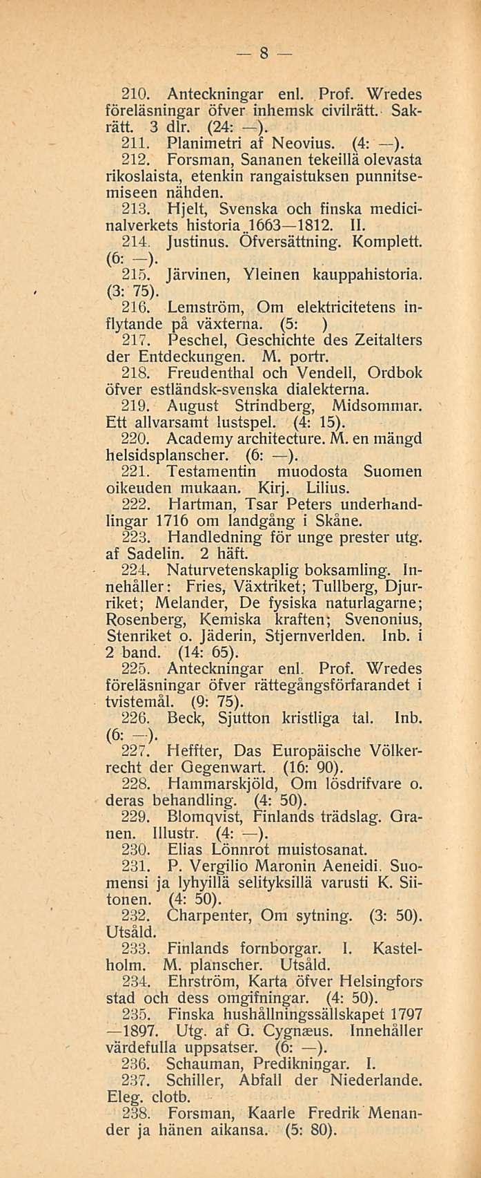8 210. Anteckningar enl. Prof. Wredes föreläsningar öfver inhemsk civilrätt. Sakrätt. 3 dlr. (24: ). 211. Planimetri af Neovius. (4: ). 212.