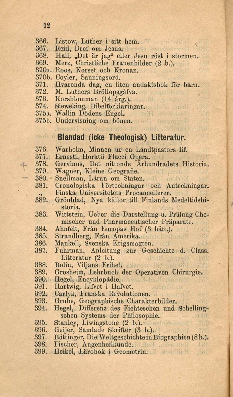 12 366. Listow, Luther i sitt hera. 367. Reid, Bref ora Jesus. 368. Hall,»Det är jag eller Jesu röst i stormen. 369. Merz, Christliche Prauenbilder (2 h.). 370a. Roos, Korset ooh Kronan. 370b.
