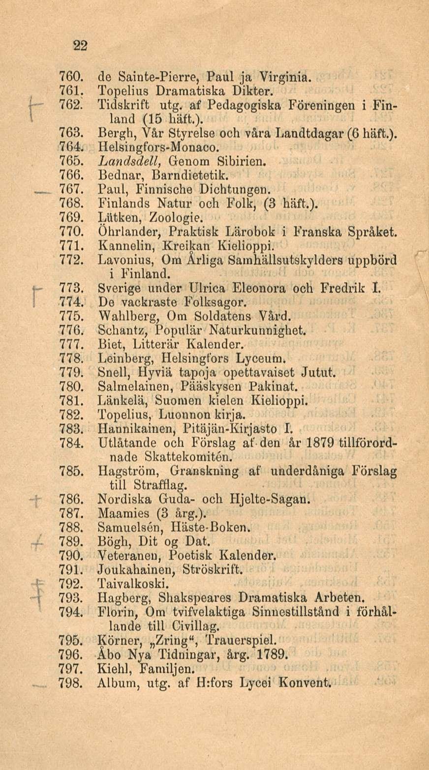 22 760. de Sainte-Pierre, Paul ja Virginia. 761. Topelius Dramatiska Dikter. 762. Tidskrift utg, af Pedagogiska Foreningen i Finland (15 häft.). 763. Bergh, Vår Styrelse och våra Landtdagar (6 häft.). 764.