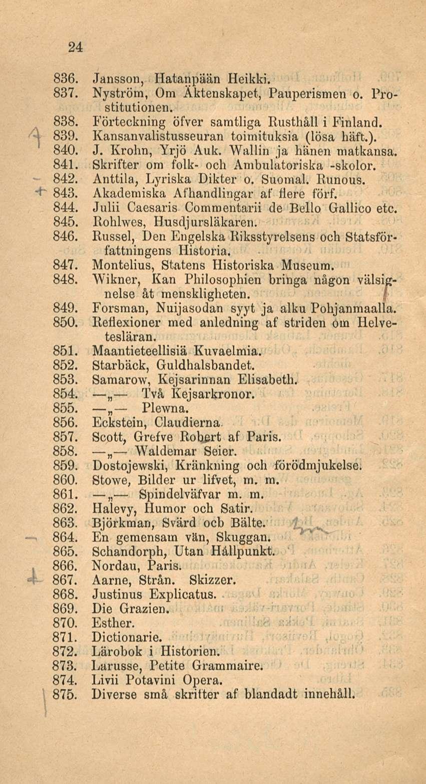24 836. Jansson, Hatanpään Heikki. 837. Nyström, Om Äktenskapet, Pauperismen o. Prostitutionen. 838. Förteckning öfver samtliga Rusthåll i Finland. \ 839. Kansanvalistusseuran toimituksia (lösa häft.