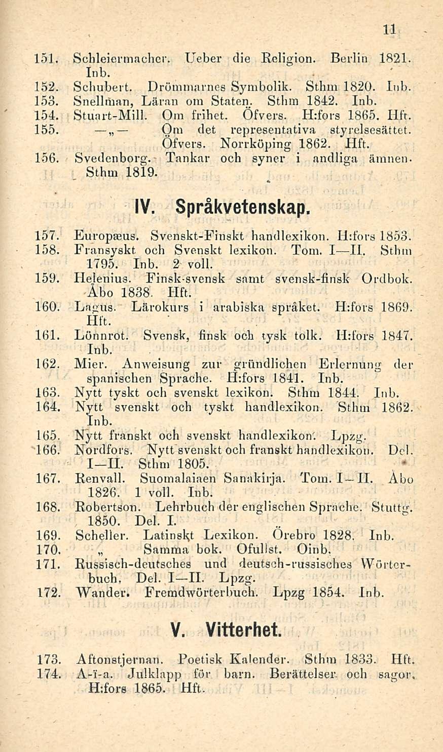 151. Schleiermacher. Ueber die Religion. Berlin 1821. 152. Schubert. Drömmarnes Symbolit. Sthm 1820. 153. Snellman, Läran ora Staten. Sthm 1842. 154. Stuart-Mill. Otn frihet. Öfvers. Htfors 1865. 155.
