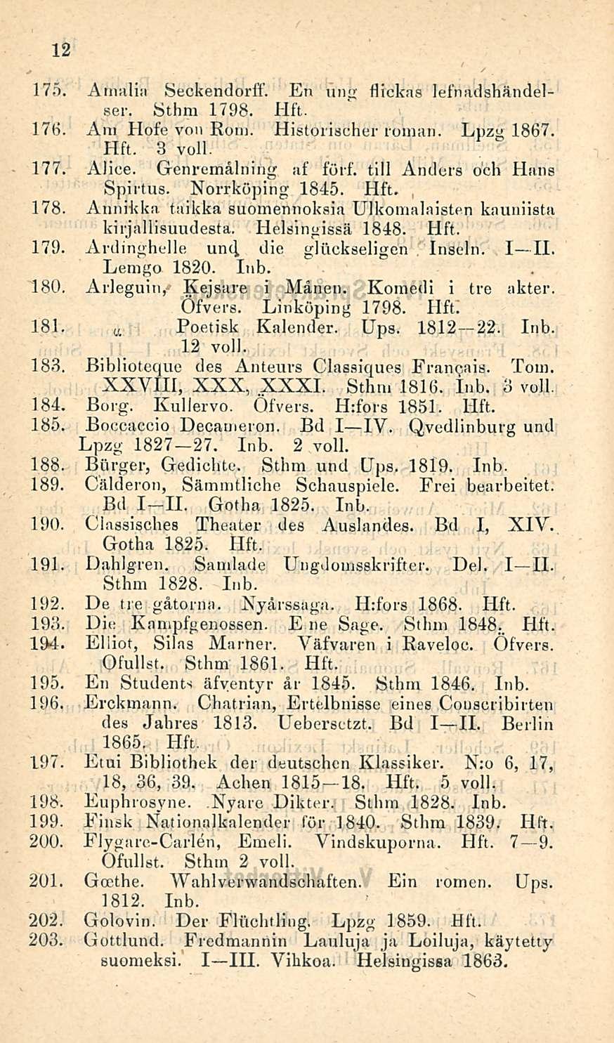12 175. Amalia Seckendorff. En ung flickas lefnadshändelser. Sthm 1798. 176. Am Hofe von Rom. Historischer ruman. Lpzg 1867. 3 voll- -177. Alice. Genremålning af förf. tili Anders och Hans Spirtus.
