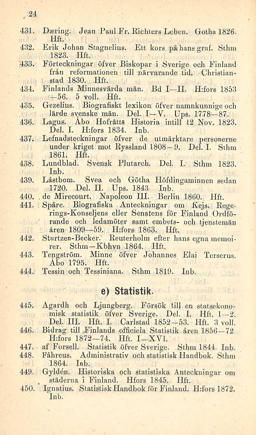 24 431. Dasring. Jean Paul Fr. Richters Leben. Gotha 1826. 432. Erik Johan Stagnelius. Ett kors på hans graf. Sthm 1823. 433.