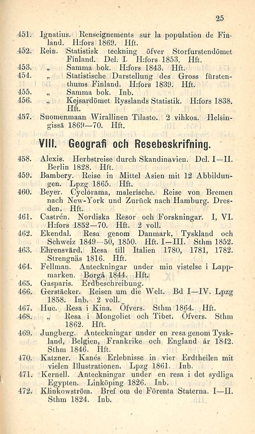 25 451. Ignatius. Renseignements sur la population de Finland. H:fors 1869. 452. Rein. Statistisk teckning öfver Storfurstendömet Finland. Del. I. H:fors 1853. 453. Samma bok. H:fors 1843. 454.