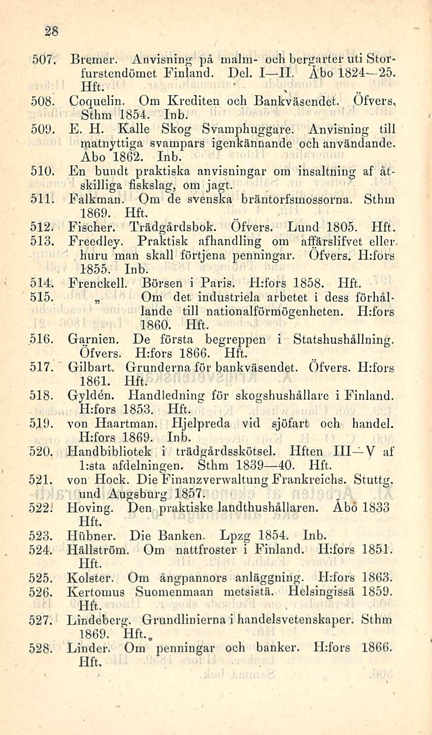 28 507. Bremer. Anvisning på malm- och bergarter uti Storfurstenclömet Finland. Del. I II. Åbo 1824 25. 508. Coquelin. Om Krediten och Bankväsendet. Öfvers, Sthm 1854. 509. E. H.