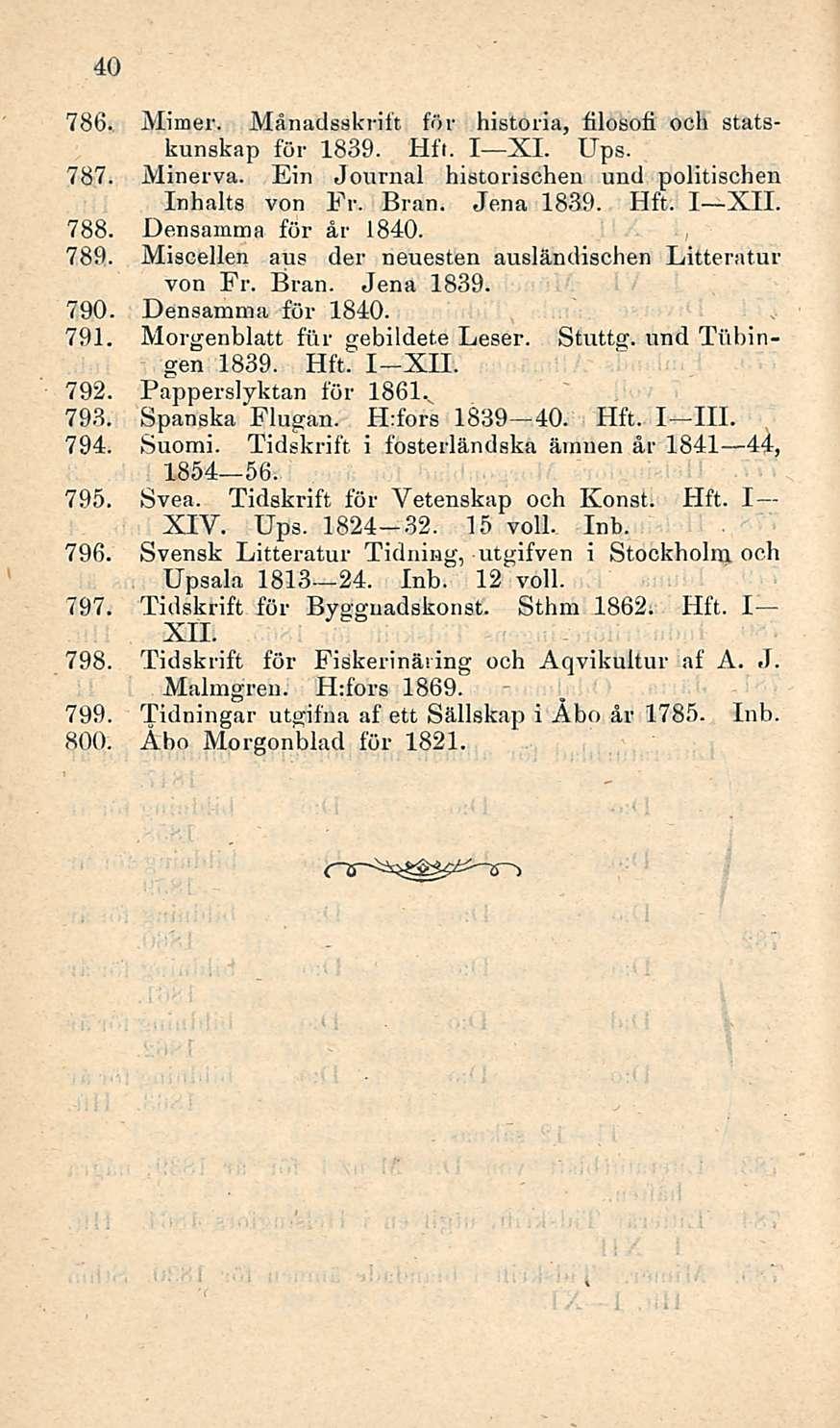 40 786. Mimer. Månadsskrift för historia, filosofi ooh statskunskap för 1839. Hfr. I XI. Ups. 787. Minerva. Ein Journal historischen und politischen Inhalta von Fr. Bran. Jena 1839. I XII. 788.