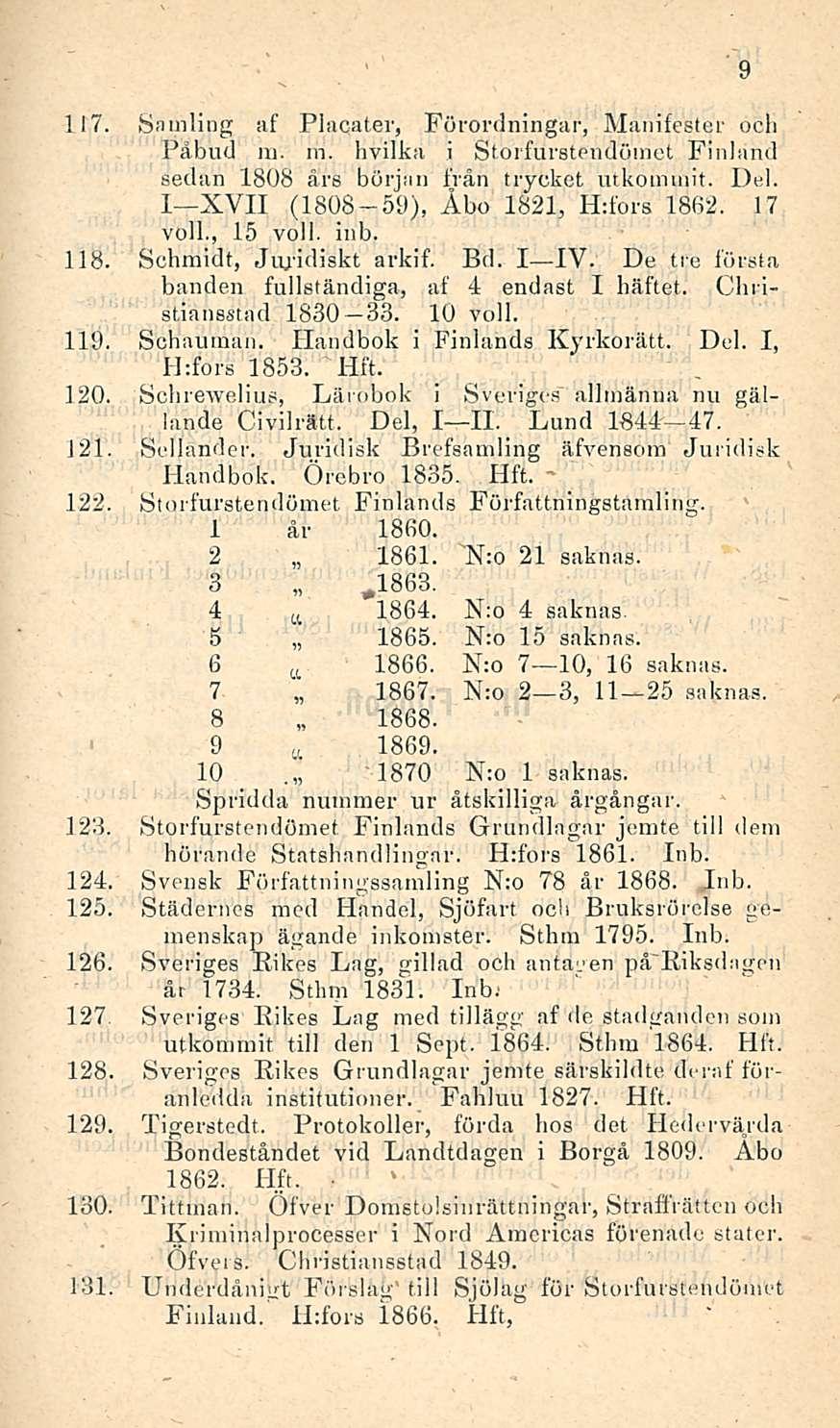 117. Samling af Placater, Förordningar, Manifester och Påbud m. m. hvilka i Storfurstendömet Finland sedän 1808 ars hurjan frän trycket utkoimuit. Ded. I XVII (1808 59), Åbo 1821, H:fors 1862.