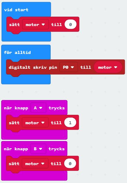 Starta och stäng av elmotorn! Skapa koden som syns på bilden och för över till din microbit. När P0 ger transistorn ström (>0) släpper den genom strömmen. Motorns strömkrets sluts och motorn startar.