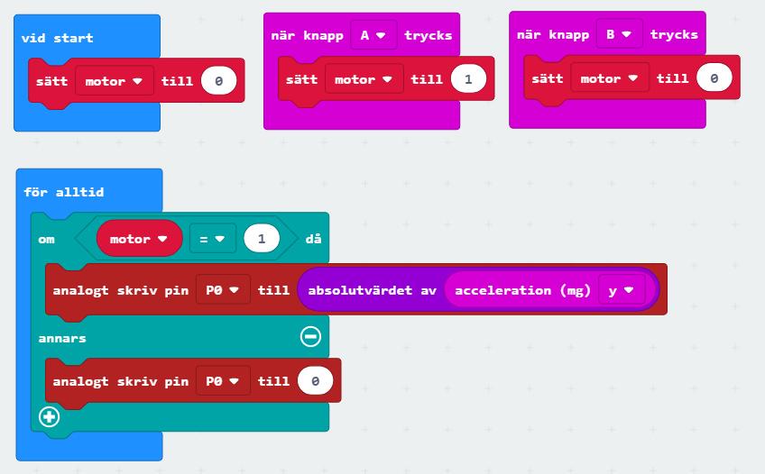 Utveckla programmet Lägg till en på- och avstängningsfunktion. Istället för att motorn börjar rotera så fort microbiten är igång väljer vi att göra två lägen den kan befinna sig i.