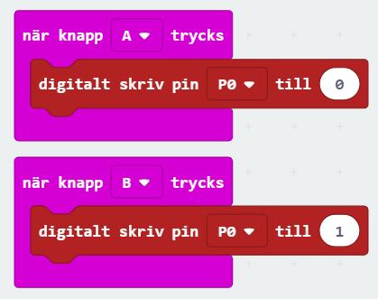 Det finns särskilda block du kan använda för att ge P0, P1 och P2 ett visst värde. Välj och sedan! Skapa koden som finns på bilden och för över till din microbit. Använd blocket digitalt skriv pin P0.