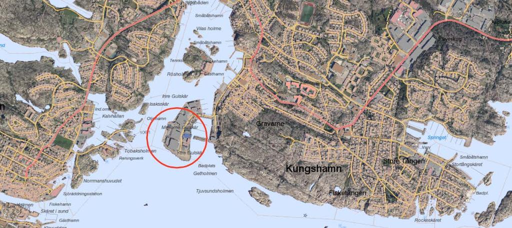 Planområdet omfattar fastigheten Gravarne 3:41 och en mindre del av Gravarne 3:1. Figur 2. Planområdets läge är markerat med röd ring Markförhållanden Fastigheten Gravarne 3:1 ägs av Sotenäs kommun.