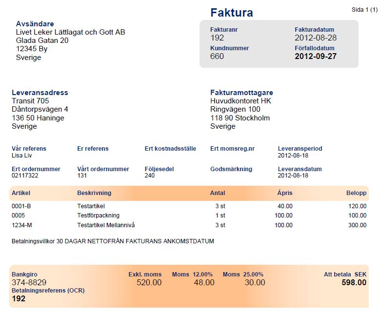 Senast Uppdaterad: 12-10-08 Exder Åhléns Grossist Sida 24 av 24 Er faktura kan då se ut så här. Notera att betalningsreferensen syns på utskriften, men altså inte sändes med i EDI-meddelandet. 3.9.