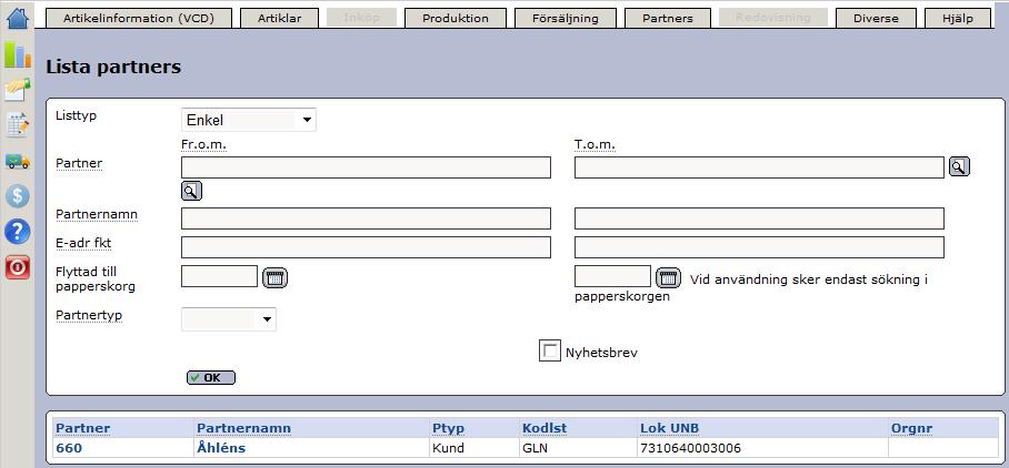 Senast Uppdaterad: 12-10-08 Exder Åhléns Grossist Sida 6 av 24 Exempel på hur er partner kan se ut. 3.2.2 Lista partners För att skriva ut en lista över era partners går ni till menyn Partners Lista partners.