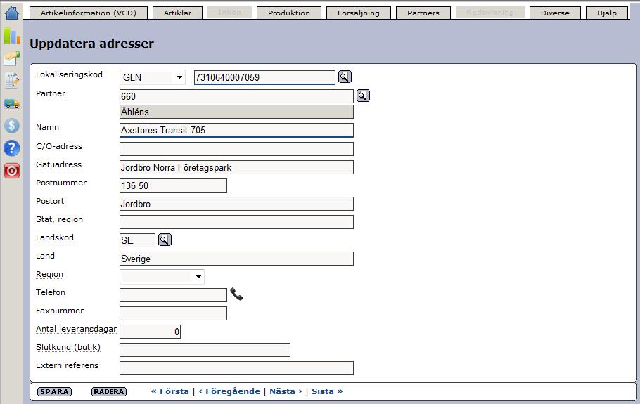 3 Adresser 3.3.1 Uppdatera adresser Adresserna finns under menyn Partners Uppdatera adresser. Här ska alla adresser som ni använder finnas.
