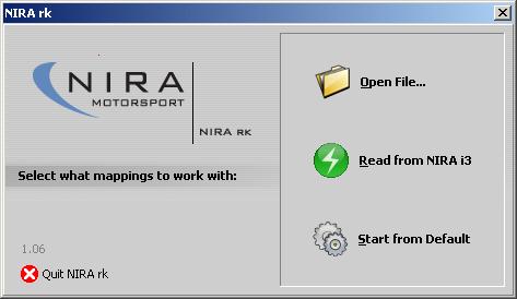 Bild 4-2: Välkomstruta I denna ruta kan du välja mellan att öppna en befintlig i3d-fil (en fil med mappningsdata), läsa upp mappningsdata från NIRA i3+ eller starta med s.k. defaultinställning av NIRA i3+.