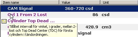 4.4.1 Sortering och beskrivning Parameterlistan kan sorteras efter namn, värde, eller enhet genom att klicka på Item name, Value eller Unit längst upp i parameterlistan.