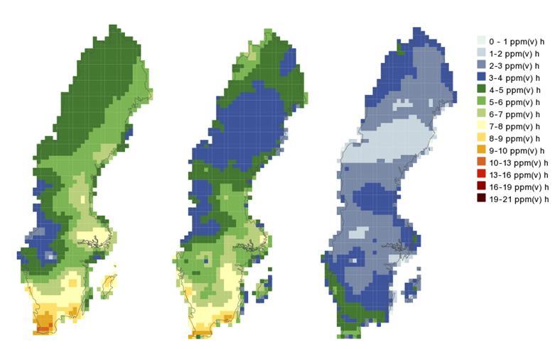 Figur 26. AOT40 för grödor år 2013 (vänster), 2014 (mitten) och 2015 (höger).