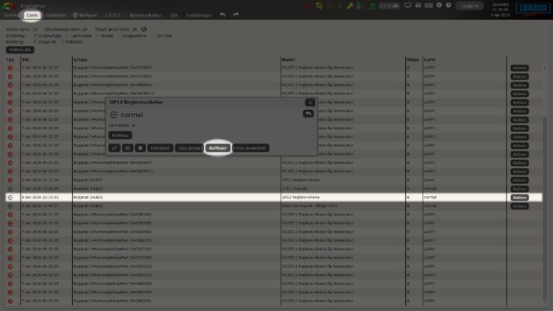 På så vis får man reda på vad som ledde till att larmet utlöstes. Bild 1: Klicka på larmet i listan för att få upp manöverrutan och tryck sedan på RePlayer.