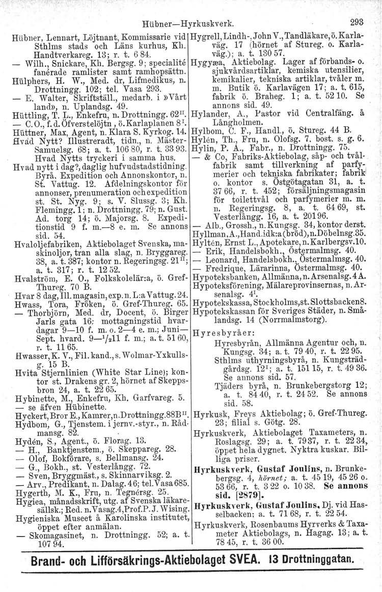 Hlibner-Hyrkuskverk. 293 Hubuer, Lennart, Löjtnant, Kommissarie vid Hygrell, Lindh-, John V., Tandläkare, ö.karla- Sthlms stads och Läns kurhus, Kh. väg. 17 (hörnet af Stureg. o. Karla- Handtverkareg.