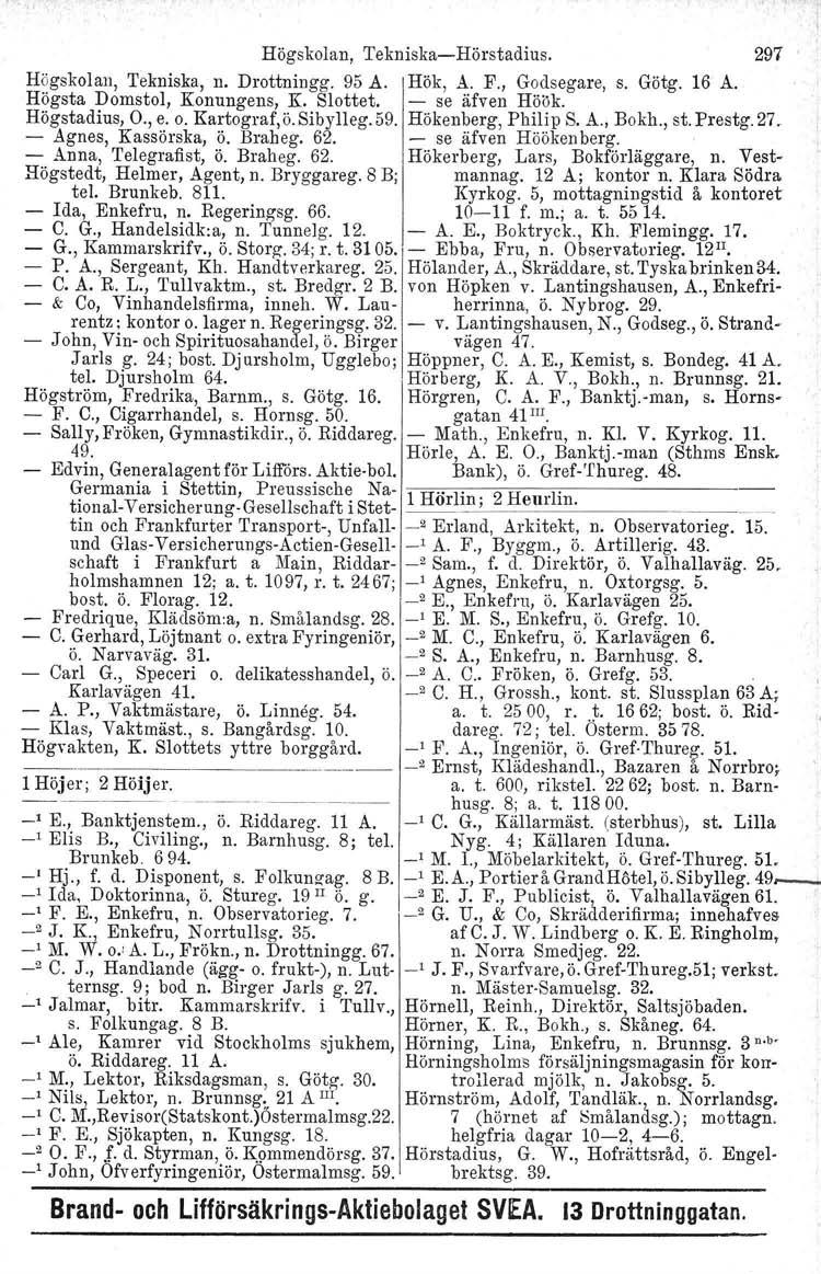 Högskolan, Tekniska-Hörstadius. 297 Högskolan, Tekniska, n. Drottningg. 95 A. Hök, A. F., Godsegare. s. Götg. 16 A. Högsta Domstol, Konungens, K. Slottet. - se äfven Höök. Högstadius, O., e. o.