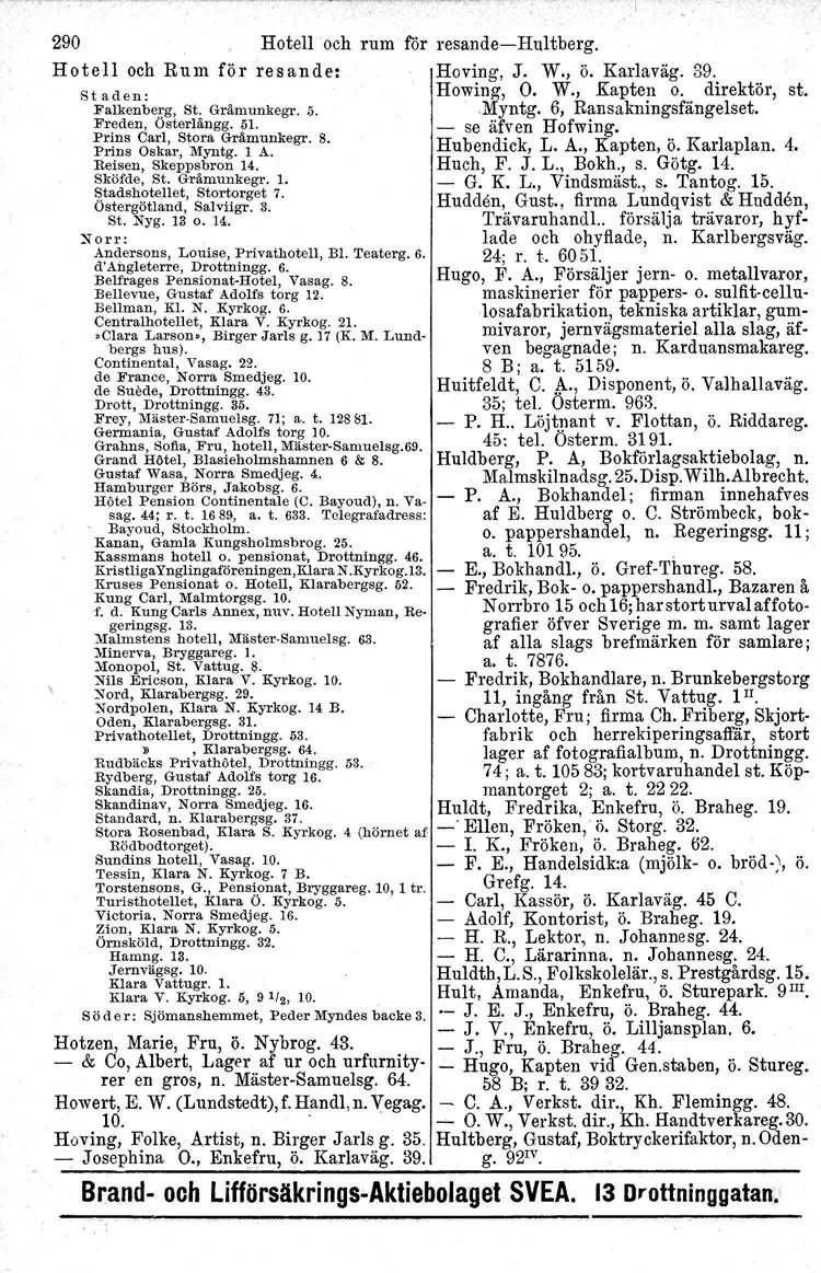 t' 290 Hotell och rum för resande-hultberg. Hotell och Rum för resande: IHoving, J. W., ö. Karlaväg. 39. St aden: Howing, O. W., Kapten o. direktör, st. Falkenberg, St. Grämunkegr. 5..Myntg.