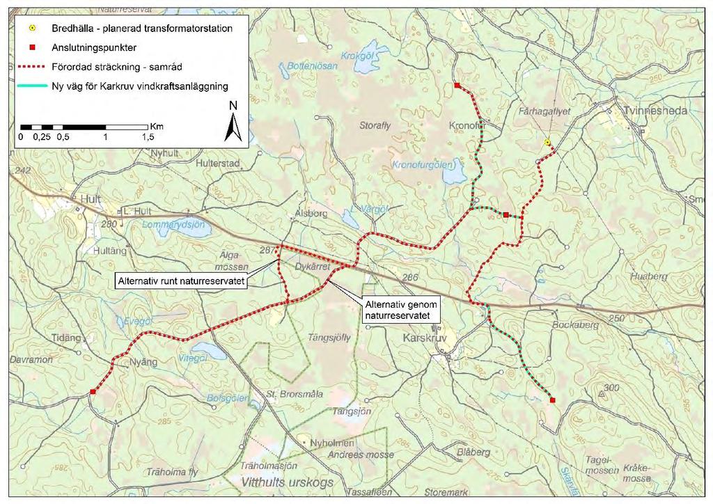 Figur 4.1 Förordad ledningssträckning i samrådet. På den första sträckan på ca 1,1 km innehåller schaktet fem kabelförband. Därefter fortsätter förbanden åt olika håll.