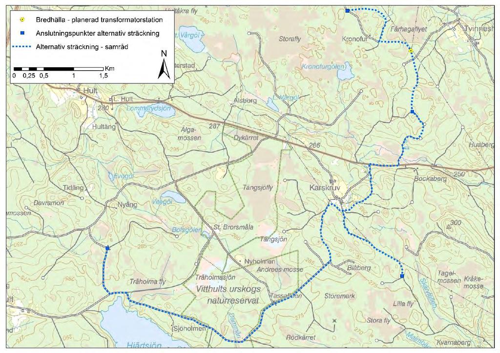 Den alternativa sträckningen följer till största delen befintliga vägar, men vissa sträckor går i orörd skogsmark då denna sträckning inte på samma sätt kan följa planerade vägar för