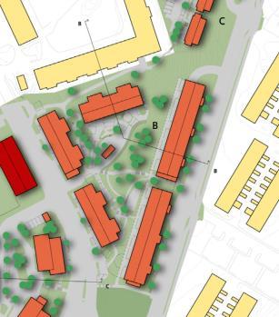 Situationsplan och Område C ligger längs Robertshöjdsgatan mellan den befintliga småhusbebyggelsen och de befintliga