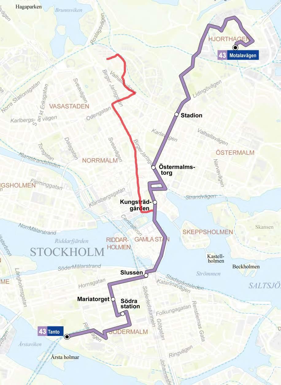Linje 43: Tanto - Motalavägen (Lila linje ny linjesträckning, röd linje representerar dagens sträckning) Linjesträckning På Södermalm samma linjesträckning som idag men med högre turtäthet.