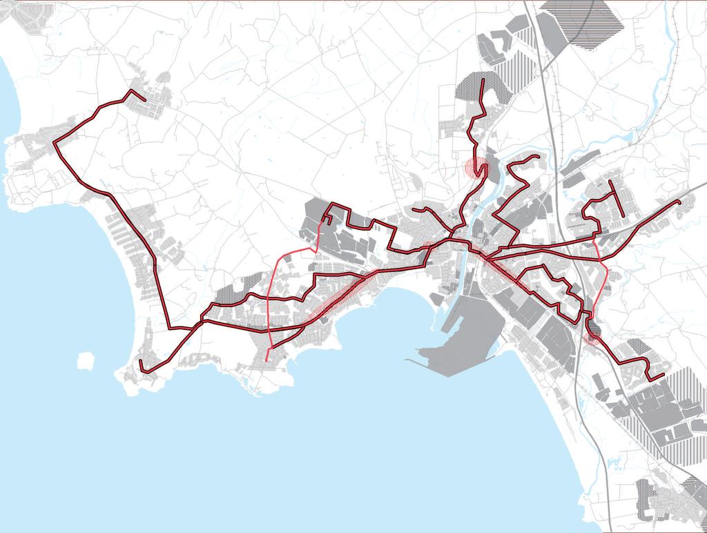 från ambition till verklighet Stomlinjenät 2030 Halmstads stadstrafik Utred genare linjedragning Ny bussgata Två körfält för bil görs om till bussgata Utred möjligheten till prioritering i