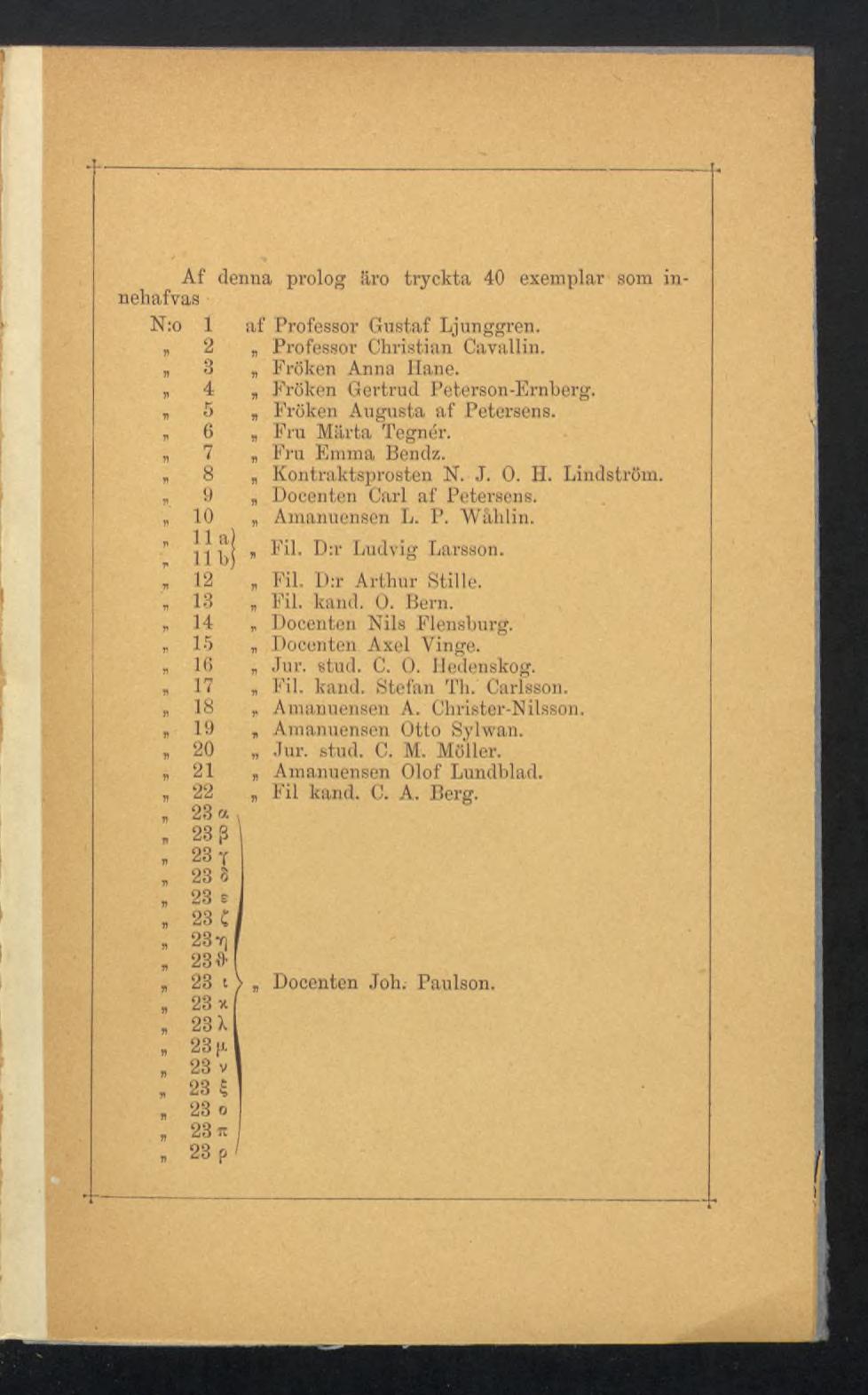 I Af denna prolog äro tryckta 40 exemplar som innehafvas N:o 1 af Professor Gustaf Ljunggren. 2 Professor Christian Cavallin. 3 Fröken Anna Hane. 4 Fröken Gertrud Peterson -Ernberg.