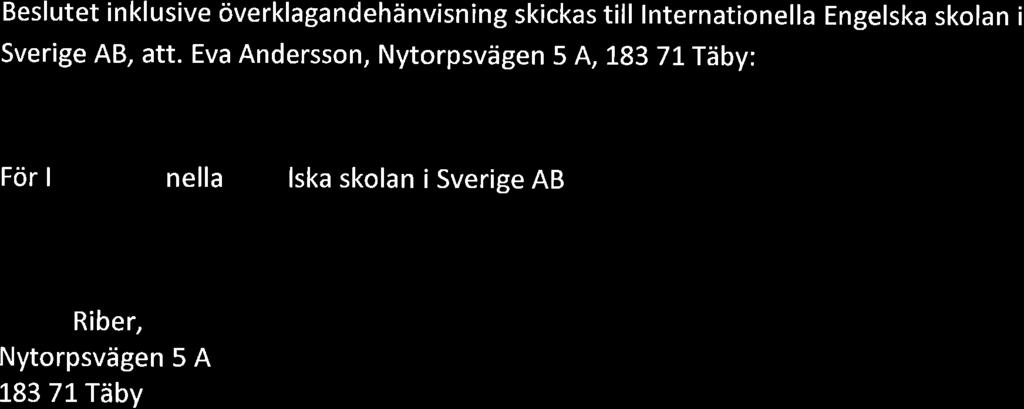 Beslutet inklusive överklagandehänvisning skickas till lnternationella Engelska skolan i Sverige AB, att.