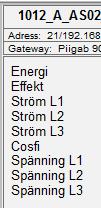 mätvärden: energi, effekt, ström (L1-L3), cosfi och spänning (L1-L3).