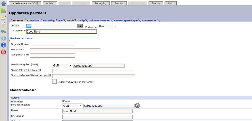 4 Partners Här nedan beskrivs kortfattat hur ni hanterar era partners (kunder) i Exder. 3.4.1 Uppdatera partners Under Partners Uppdatera partners kan ni redigera eller manuellt lägga upp Coop Nord som partner.
