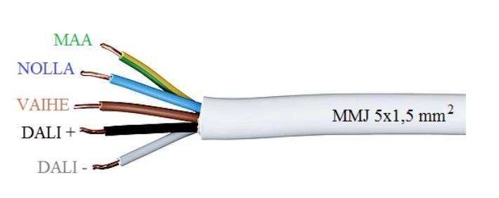 Det enda kravet som finns på kabeltypen för DALI-bus:en är att den måste vara anpassad för starkström, även om spänningen i DALI-bus:en endast är ungefär 22VDC.