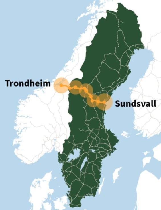 3 INLEDNING OCH BAKGRUND I denna rapport görs en analys av den tillväxt- och utvecklingspotential en bättre transportinfrastruktur och ökat resande längs Mittstråket skulle kunna ge upphov till.