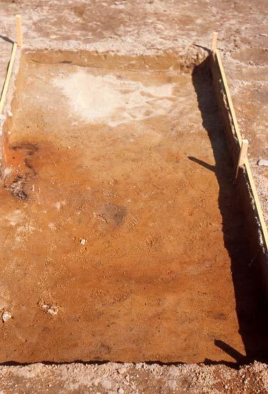 rödbränt material och rostjord. 2) Ö rutan (i bakgrunden) och V rutan (i förgrunden) ca 10 cm under markytan.