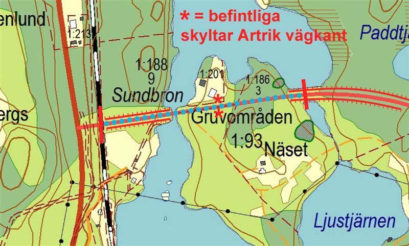 Delsträckor - detaljbeskrivning 1. Avfart från Rv. 26 vägbank norr Ljustjärnen, 450 m (Artrik vägkant) Allmänt Från inlandsbanan går vägen på en bank, omgiven av lövskog till passagen av sjön Långban.