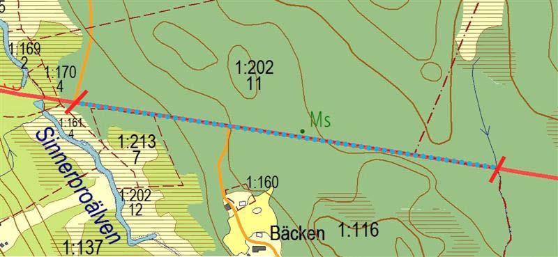 11. Avfart Östra Höjden bäckövergång 475 m ONO Bäcken, 850 m Allmänt På den västra delen av sträckan är det ungskog på båda sidor, för att på den andra, östra delen bli granskog.