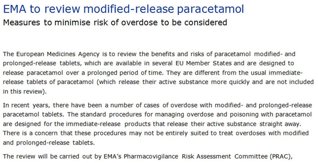Overdose with modified release paracetamol poses challenges beyond those with immediate release Treatment nomogram Case report: