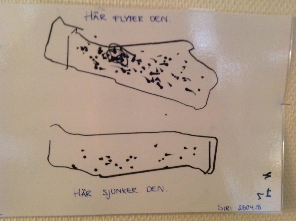 Naturvetenskap En flicka har efter ett experiment om vad som flyter och sjunker, ritat och förklarat fenomenet att den sjunker på ena hållet och flyter på andra