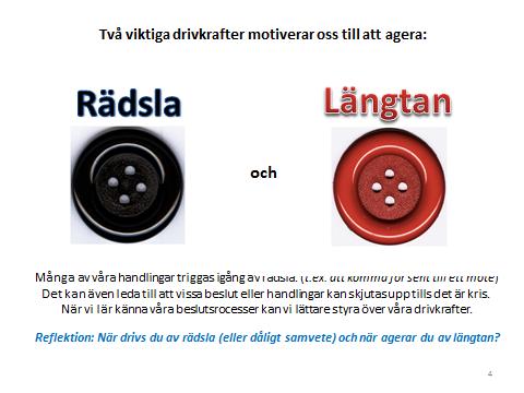 Vi måste ha kunskap och förmåga (vänster hjärnhalva) Vi måste känna vilja och motivation (höger hjärnhalva) När motivation inte finns, så saknar vi trots kompetens drivkraften att göra det vi behöver