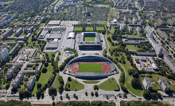 Stadionområdet sett från norr. 7. FÖRUTSÄTTNINGAR Nulägesbeskrivning Bakgrund Stadionområdet är Malmös främsta idrottsområde för både elit- och breddidrott.