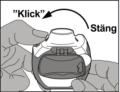 Obs: Den vita klaffen får öppnas endast när patienten är beredd att inhalera en dos av läkemedlet i inhalatorn.