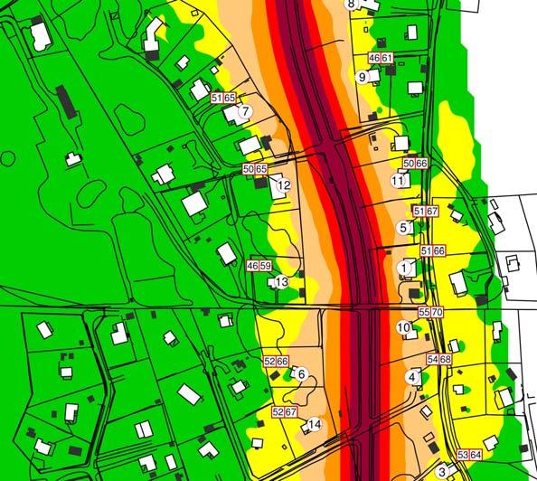 Bullerutbredningskarta som visar att endast två fastigheter har maximala ljudnivåer som överskrider 70 db(a) efter utbyggnad.