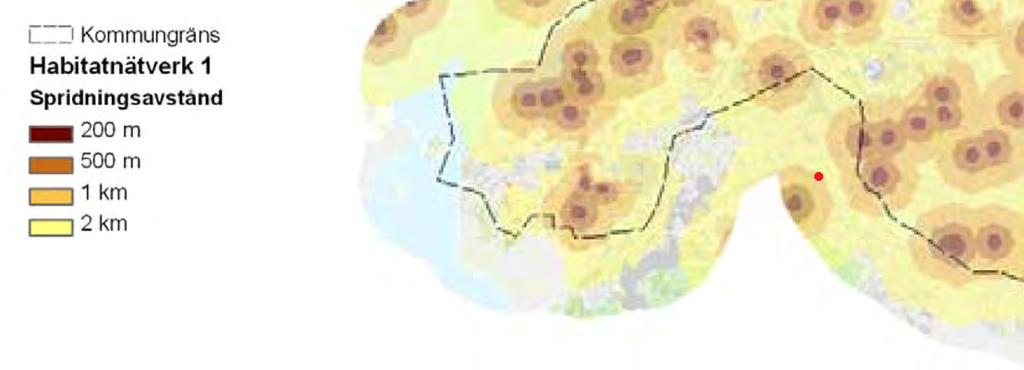 23 (63) Habitatnätverket för eklevande arter (Stockholm stad, 2007). Planområdet utgör den röda pricken.