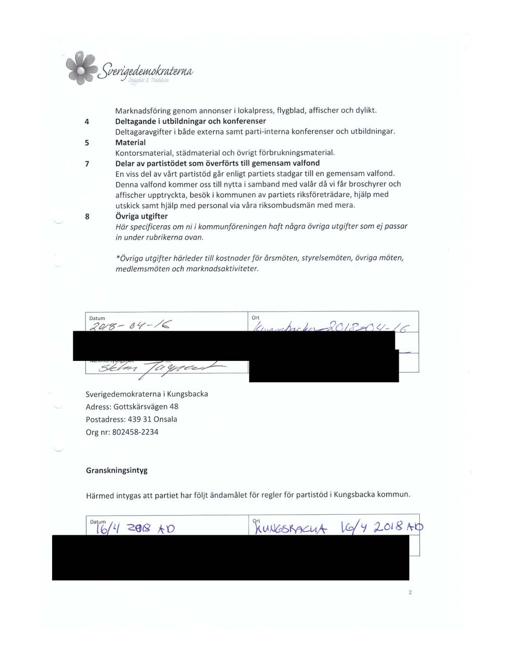 Marknadsföring genom annonser i lokalpress, flygblad, affischer och dylikt. 4 Deltagande i utbildningar och konferenser Deltagaravgifter i både externa samt parti-interna konferenser och utbildningar.